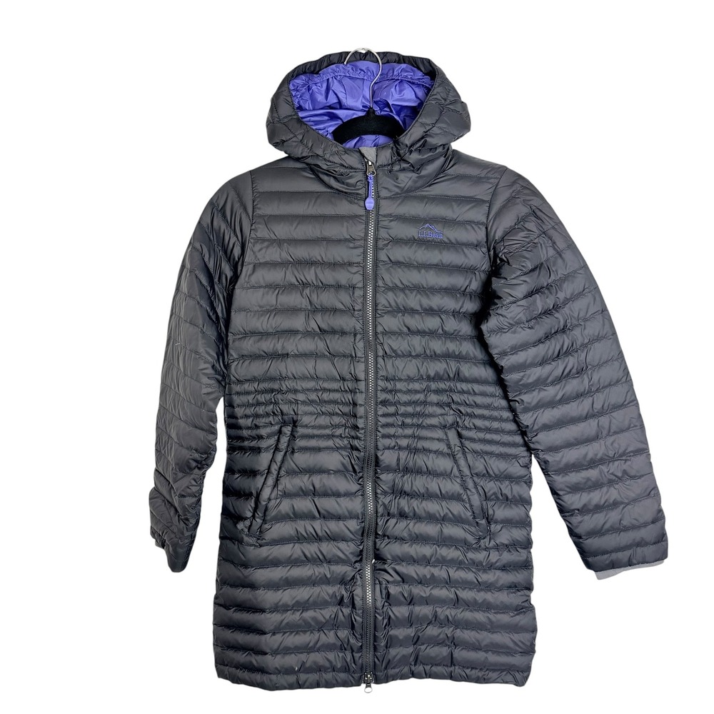 LL Bean Kids Ultralight 650 Down Hooded Jacket Gray Purple M 10-12